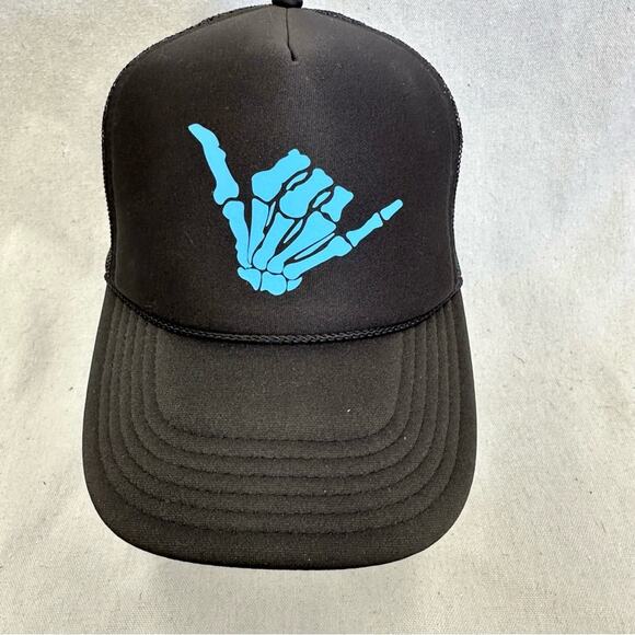 Otto black/blue skeleton hang loose Shaka graphic mesh trucker Snapback hat NWOT main image 9